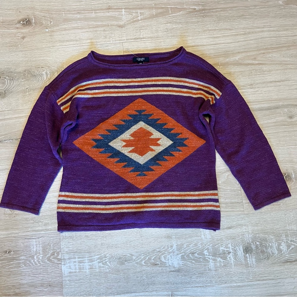 Chaps Southwestern Aztec Boho Sweater 100% Cotton Purple Women's Large